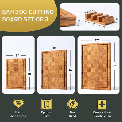3 Pack Heavy Duty Bamboo Cutting Board Set Non Slip Over Sink Nice Solid End Grain Thick Wood Juice Groove Chopping Board Extra Large Big Small Best Kitchen Essential House Warming Hostess Host Gift