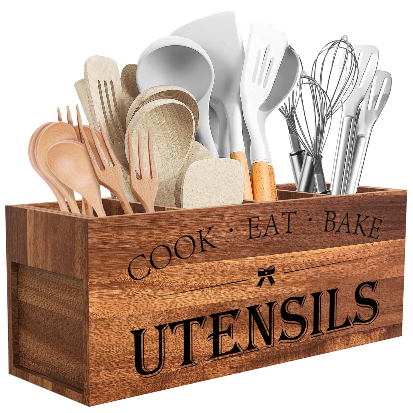 Suli Acacia Wood Utensil Holder for Kitchen Counter,Extra Large Utensils Holder with 4 Compartments,Caddy Organizer for Countertop, Farmhouse Kitchen Decor, Rustic Cooking Utensil