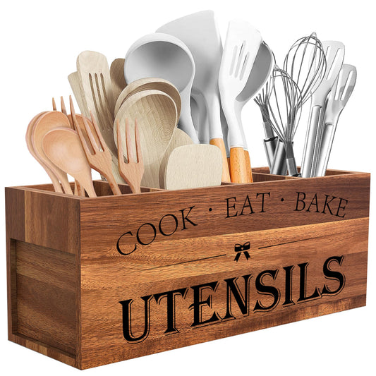 Suli Acacia Wood Utensil Holder for Kitchen Counter,Extra Large Utensils Holder with 4 Compartments,Caddy Organizer for Countertop, Farmhouse Kitchen Decor, Rustic Cooking Utensil