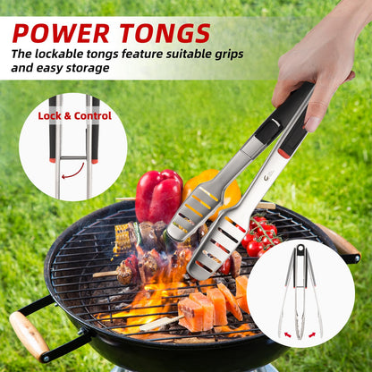 BBQ Tools Set, Heavy Duty Stainless Steel Spatula, Fork & Tongs with Portable Bag, Essential Accessories for Barbecue Outdoor Grill, Grilling Gifts for Men Dad Camp Chef