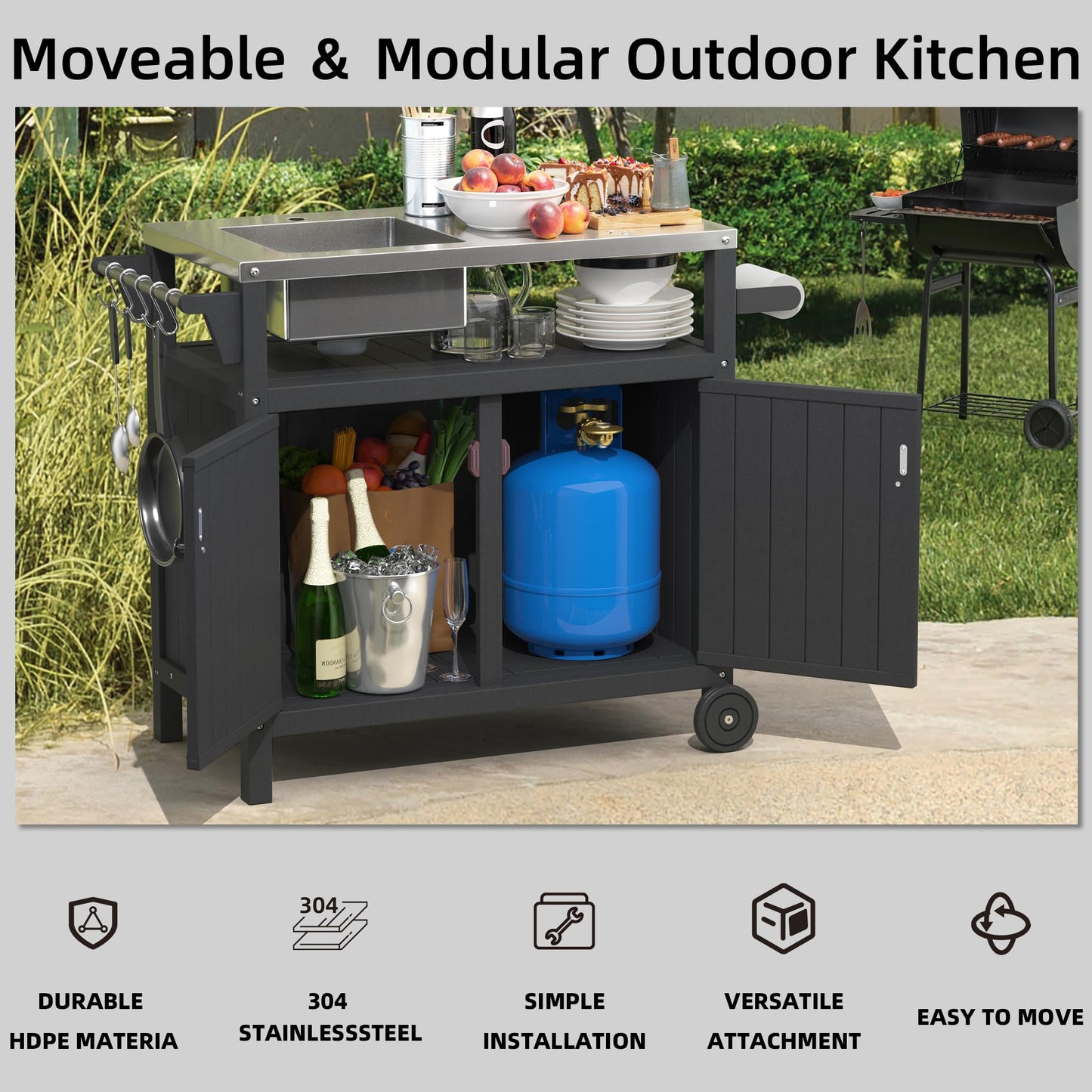 TORVA All in One Outdoor Grill Cart with Sink,Cabinet and Cover, 42 inch Freestanding Modular Kitchen Sink Station in 304 Stainless Steel&HDPE, All Weather Use BBQ Table, Grey