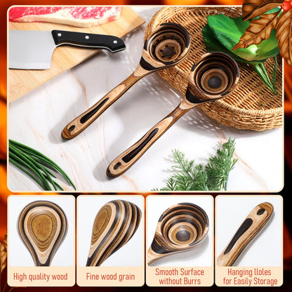 Teenyyou 9 Pcs Pakkawood Kitchen Utensils Pakkawood Soup Ladle Big Deep Soup Spoons Wood Non Stick Utensils with Long Handle for Serving Cooking Kitchen Apartment Tools Women Gifts (Mixed Style)