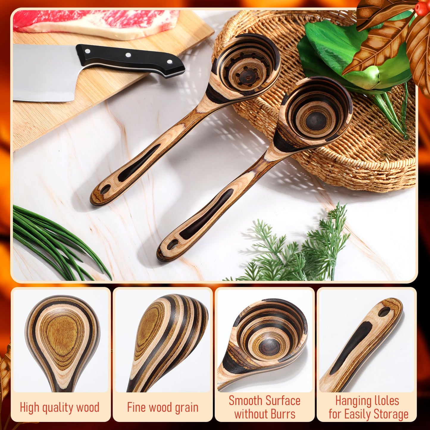 Teenyyou 2 Pcs Pakkawood Kitchen Utensils Pakkawood Soup Ladle Big Deep Soup Spoons Wood Non Stick Utensils with Long Handle for Serving Cooking Kitchen Apartment Tools Women Gifts (Ladle Style)