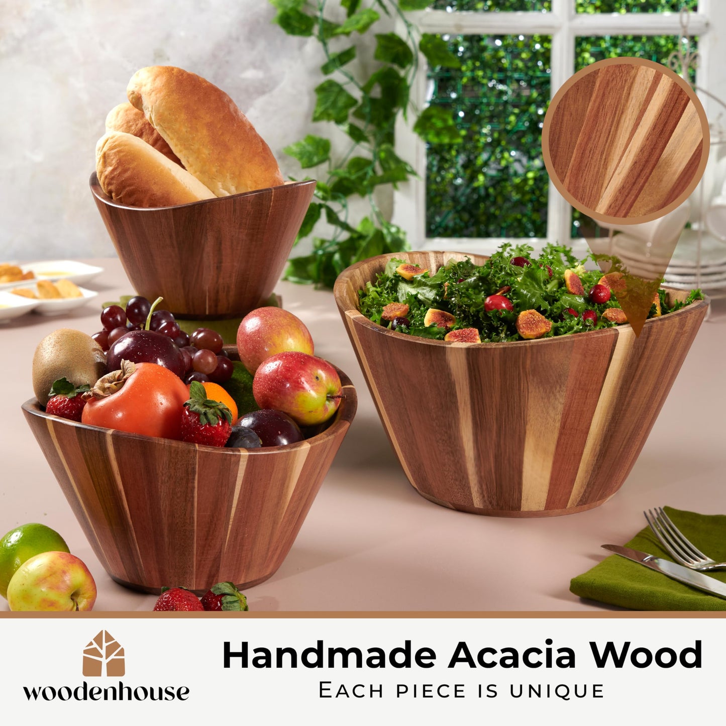 Wooden Salad Bowl Set, Salad Bowls Set of 3 - Wavy Design Salad Bowl Set for Serving, Handmade, Durable and Stylish Natural Wood Dining Accessory by Woodenhouse
