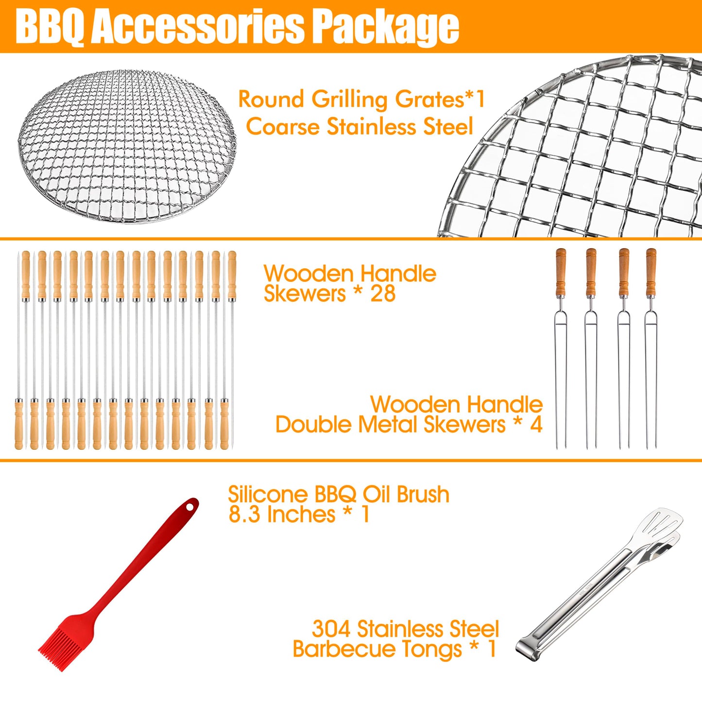 GXONE Stainless Steel Smokeless Barbecue Surround Charcoal Grill, Portable kebabs Charcoal Grill with Grilling Accessories Set, Diameter 15.4 inch/28 Kabob Skewer