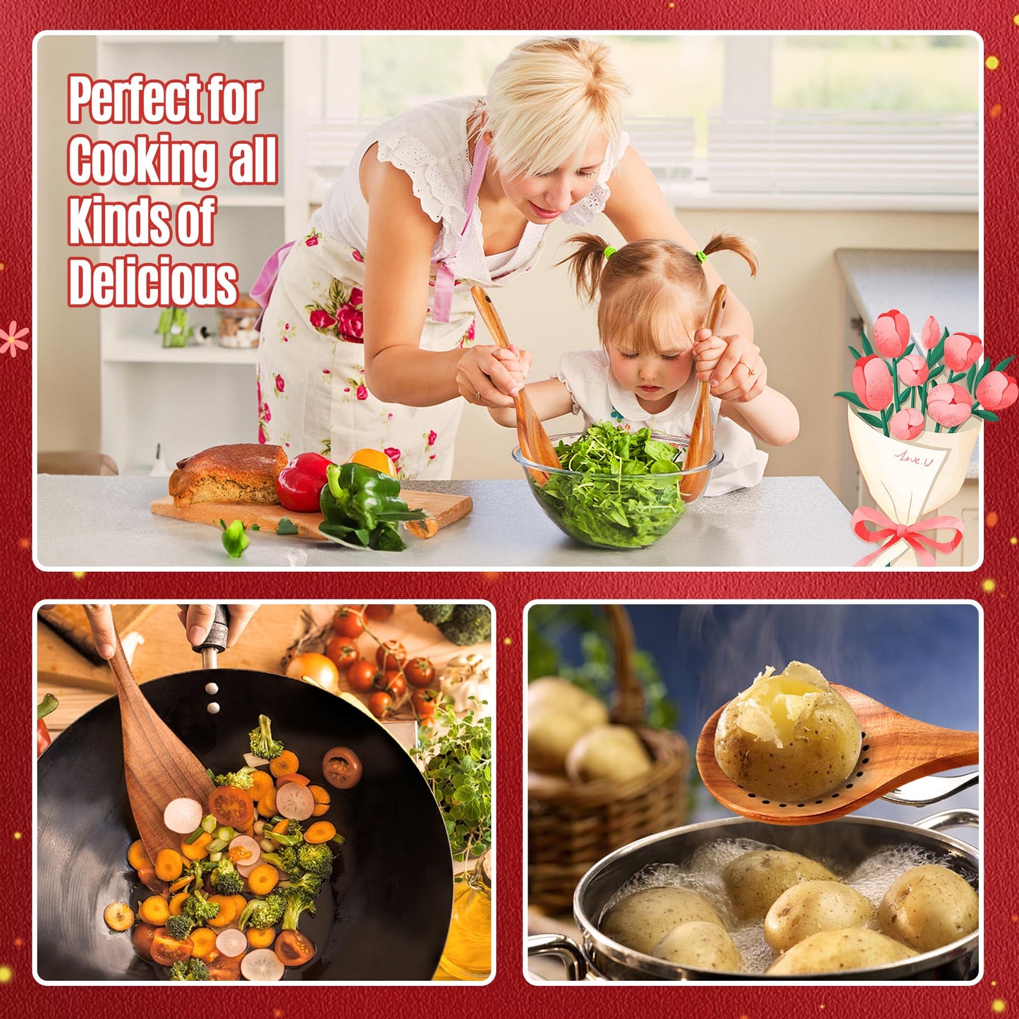 9 Piece Wooden Spoons for Cooking, Teak Wooden Kitchen Utensils Set with Spoon Rest, NonStick Comfort Grip Wooden Spatula Set and Cooking Utensils Holder