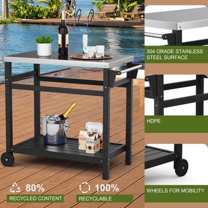 TORVA Outdoor Prep Grill Carts, 303 Stainless Steel Tabletop with High Load Capacity Portable BBQ Table, HDPE Durable Frame 2-Tier Storage Cart, Black