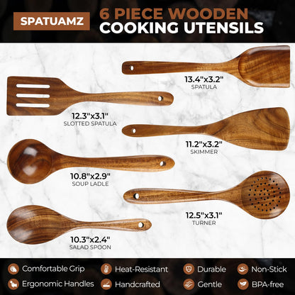 SPATUAMZ Wooden Cooking Spoons, Ladle and Spatula, Fine Polished Teak Wood Cooking Utensils Set of 6, Nonstick Wooden Kitchen Spoon & Spatula Set