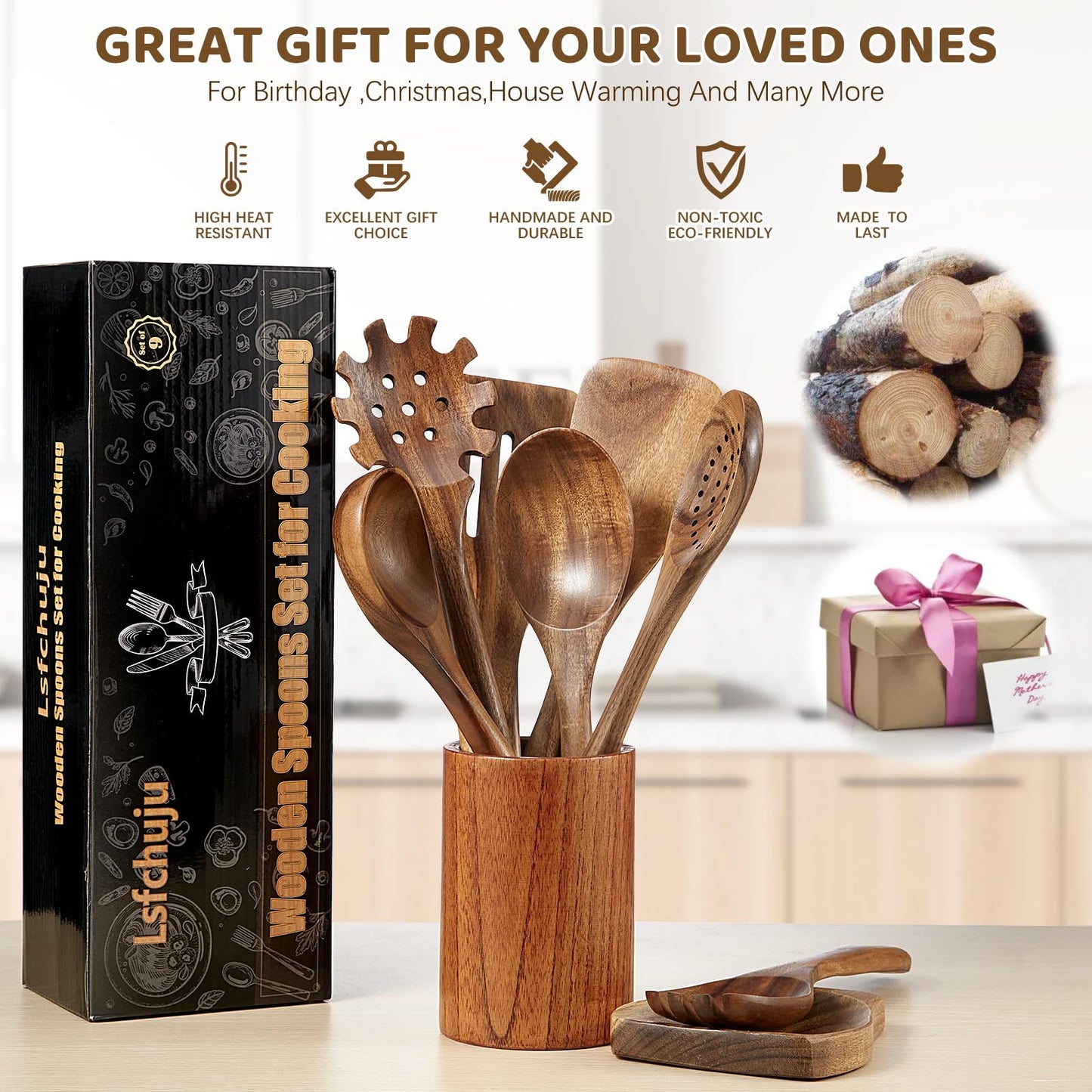 LSFCHUJU Wooden Spoons for Cooking - 10 Piece Natural Teak Wood Kitchen Utensil Set, Wooden Spoons Set with Holder, Spoon Rest & Hooks, Wooden Spatula Set with 7 metal hooks