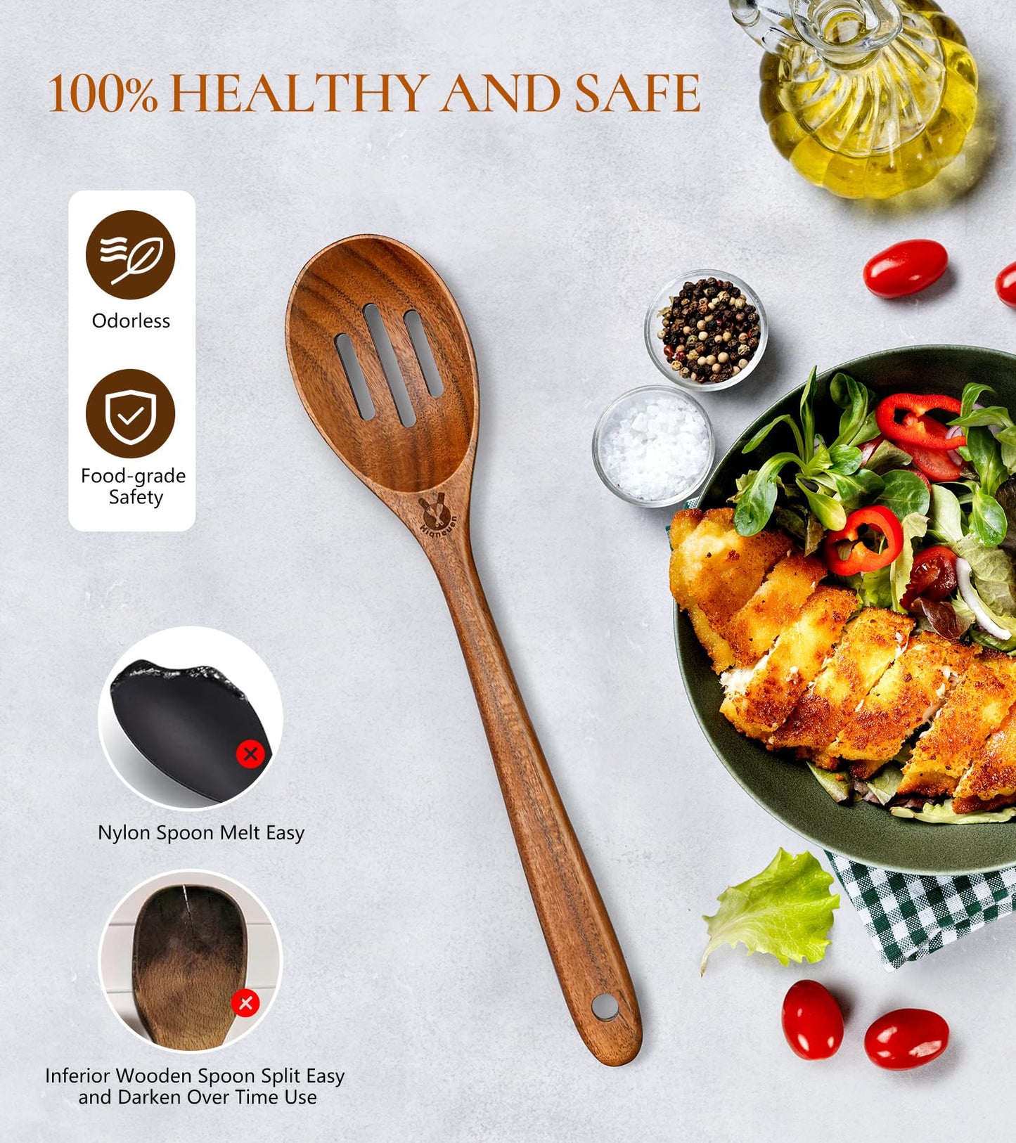 Wooden Slotted Spoons for Cooking, Good Grips Large Wooden Slotted Spoon, Natural Premium Teak Spoons Spatula, Heat Resistant Cooking Utensils for Nonstick Cookware, Serving and Mixing