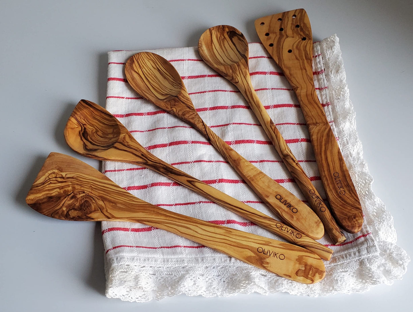 OLIVIKO 100% Olive Wood HANDMADE 5 Spoon Set | Ideal for Nonstick Cookware & Kitchen Utensils | Cooking, Baking & Serving | Eco-friendly & SALAD TONG Salad serving (Classic utensils)