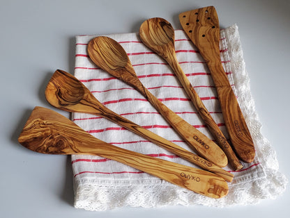 OLIVIKO 100% Olive Wood HANDMADE 5 Spoon Set | Ideal for Nonstick Cookware & Kitchen Utensils | Cooking, Baking & Serving | Eco-friendly & SALAD TONG Salad serving (Classic utensils)