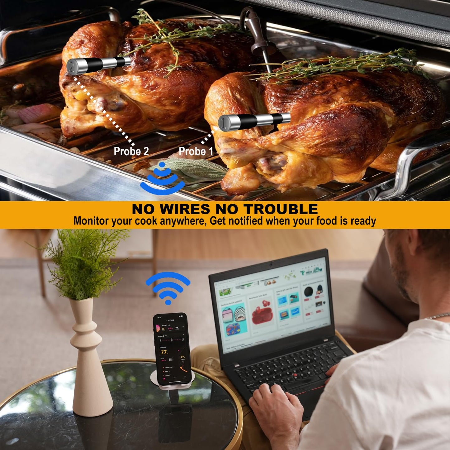 800FT Smart Wireless Meat Thermometer App Host Control, Bluetooth Digital Meat Thermometer for Barbecue, Outdoor Grilling, Oven & Smoker (Two*Probe-01)