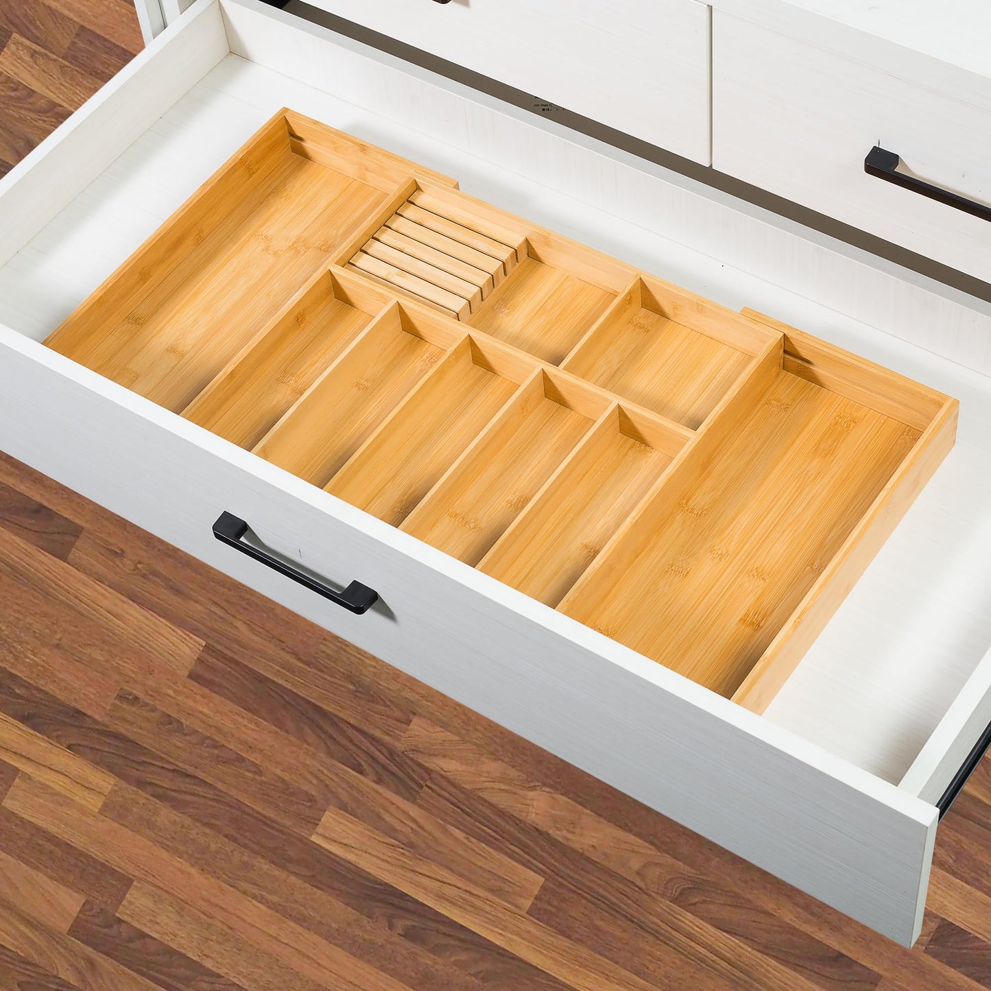 VaeFae Extra Large Kitchen Utensil Holder, Bamboo Silverware Drawer Organizer, Expandable Cutlery Organizer with Knife Block, Multifunctional Wooden Drawer Divider