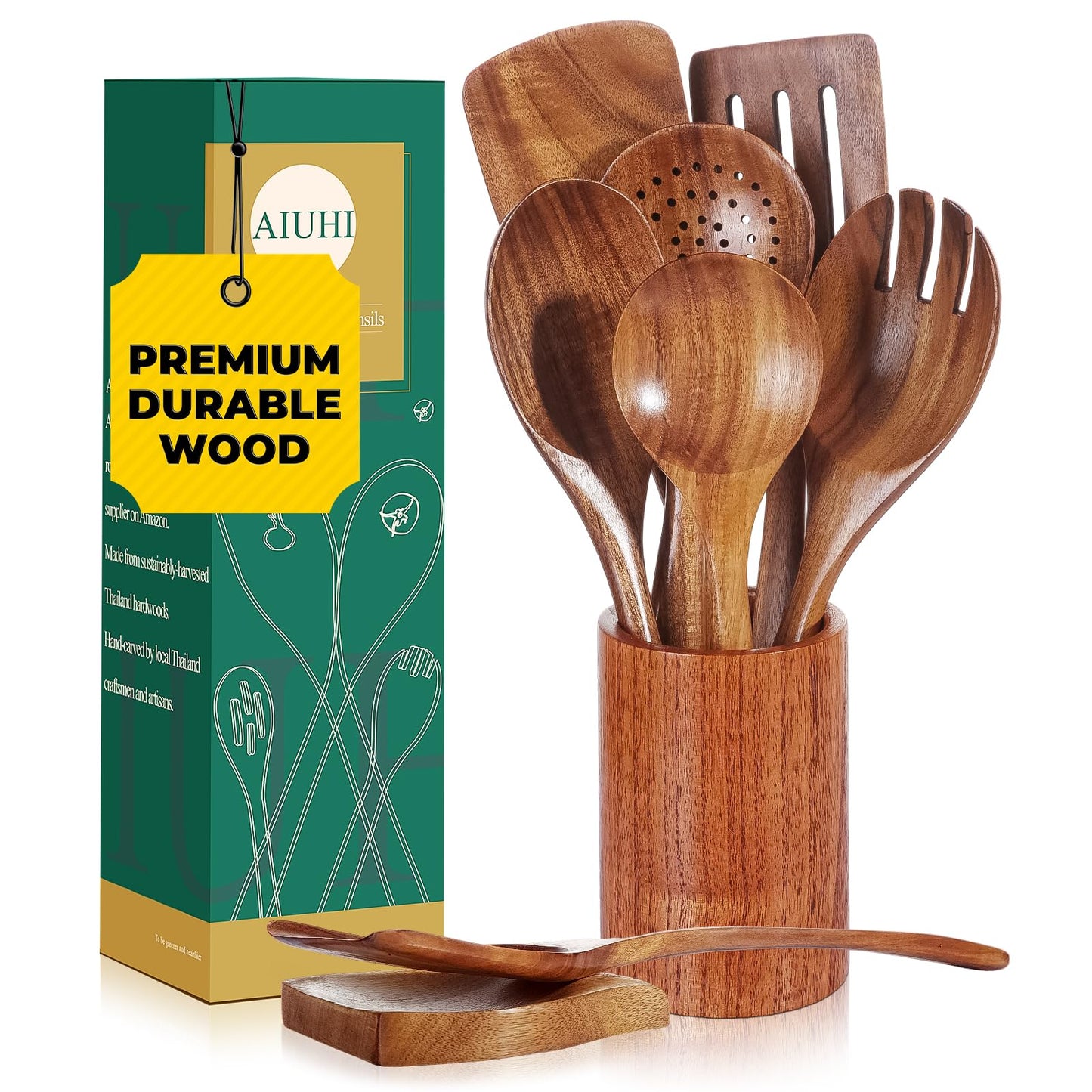 AIUHI Natural Solid Teak Wooden Cooking Utensils for Nonstick Cookware, Wooden Kitchen Utensils Set Includes Spoons, Spatulas, Strainer Spoon, Salad Fork with Holder and Spoon Rest (9PCS)