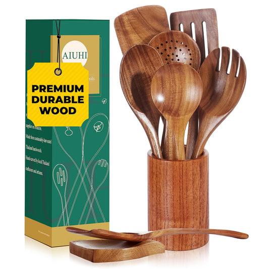 AIUHI Natural Solid Teak Wooden Cooking Utensils for Nonstick Cookware, Wooden Kitchen Utensils Set Includes Spoons, Spatulas, Strainer Spoon, Salad Fork with Holder and Spoon Rest (9PCS)