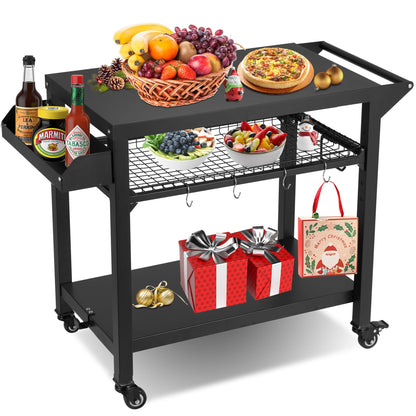 Spurgehom Grill Cart, Pizza Oven Stand Table with Wheels, Outdoor Movable Kitchen Cooking Prep Table BBQ Cart with Mesh Racks for Home Party, Bar, Camping
