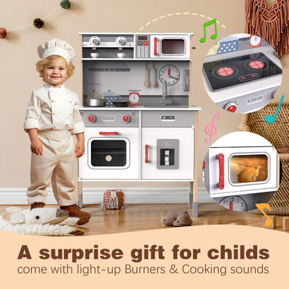JOYOOSS Play Kitchen for Kids,Wooden Kids Kitchen Playset Toy Toddler Play Kitchen Set for Toddlers 3+ with Real Lights & Soundswith Cookware Accessories