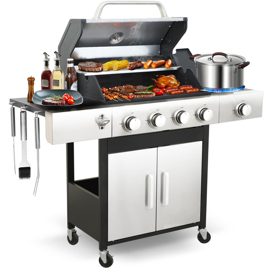 49000 BTU Output Propane Gas Grill with Side Burner and 4 Main Burners - Double-layer Stainless Steel Lid, Cast Iron Grids and Plate, Easy-Clean Grease Management for Perfect BBQs