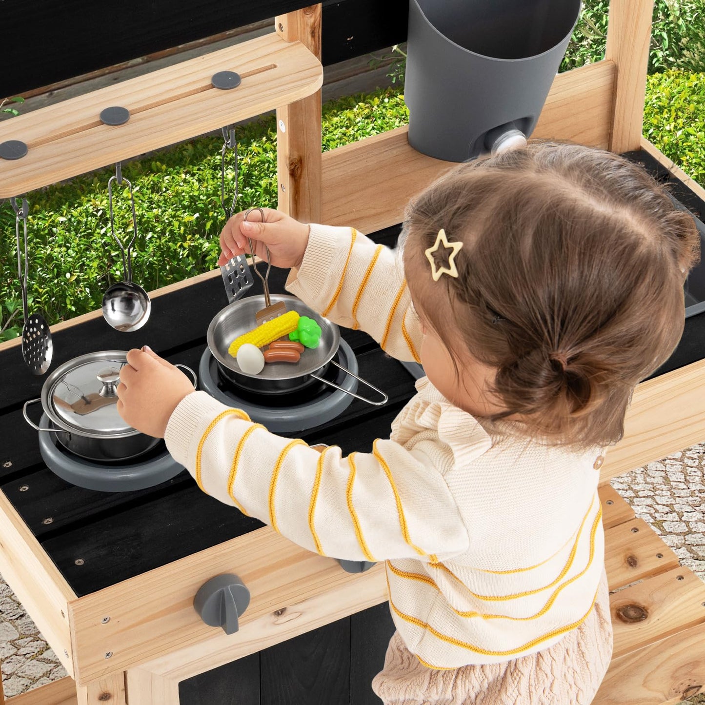 HONEY JOY Fir Wood Outdoor Play Kitchen for Toddlers, Realistic Faucet & Water Tank, Stoves, Sink, Storage Shelf, Outside Kitchen Playset, Mud Kitchen for Kids Outdoor Backyard