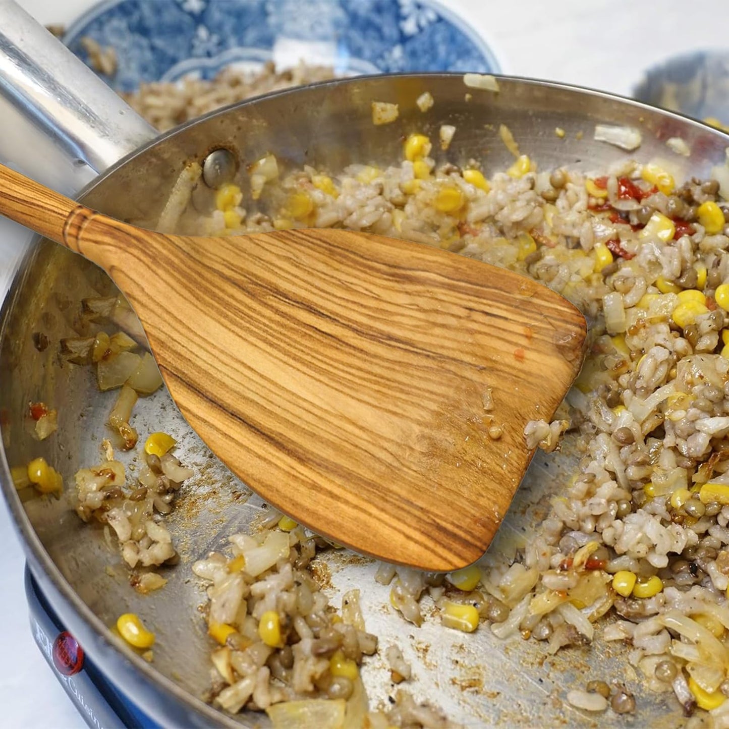 13.7 Inch Olive Wood Spatula for Cooking, Wooden Cooking Spatula/Turner, Long Handle Flat Frying Spatula, Olive Wooden Cooking Utensils for Nonstick Cookware Stirring, Frying & Flipping