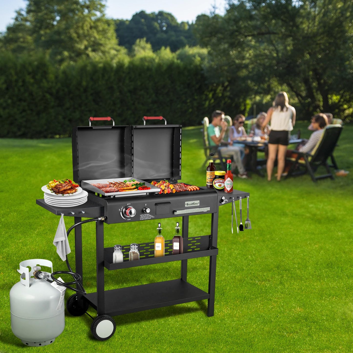 Bestfire Dual Fuel Propane Gas Charcoal Grill Combo Black Dual Lids, Flat Top Grill With 2 Side Shelves for BBQ, Outdoor and Backyard Cooking