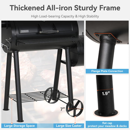 GREEN PARTY BBQ Charcoal Grill with Offset Smoker, 2 in 1 Smoker and Charcoal Grill combo, 512 Square Inch Space Barrel Charcoal Smoker Grill for Outdoor Camping Patio Backyard Cooking, Medium