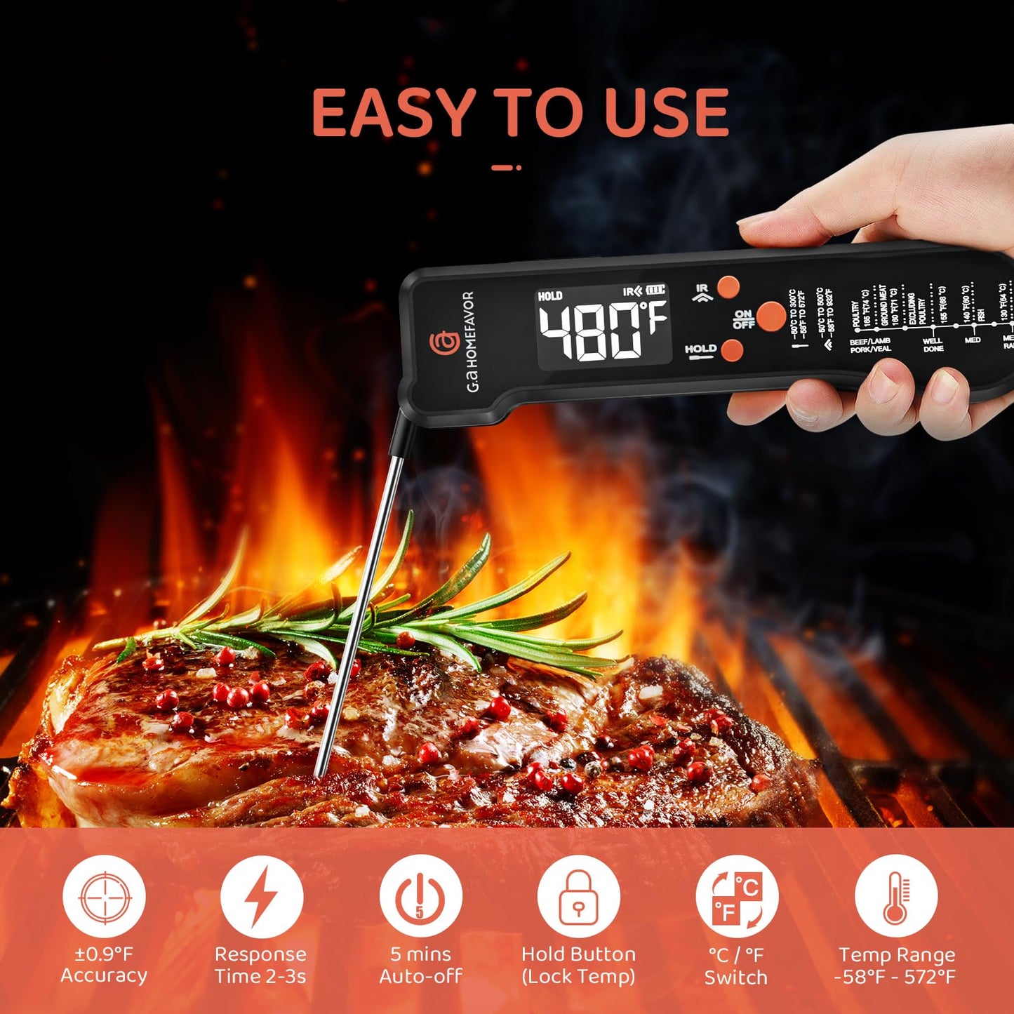 G.a HOMEFAVOR 3-in-1 Digital Meat Thermometer for Kitchen Cooking - Wired Probe, Instant Read Temperature with Infrared Thermometry for Pizza Making, BBQ, Air Fryer, Deep Fry, Roasting