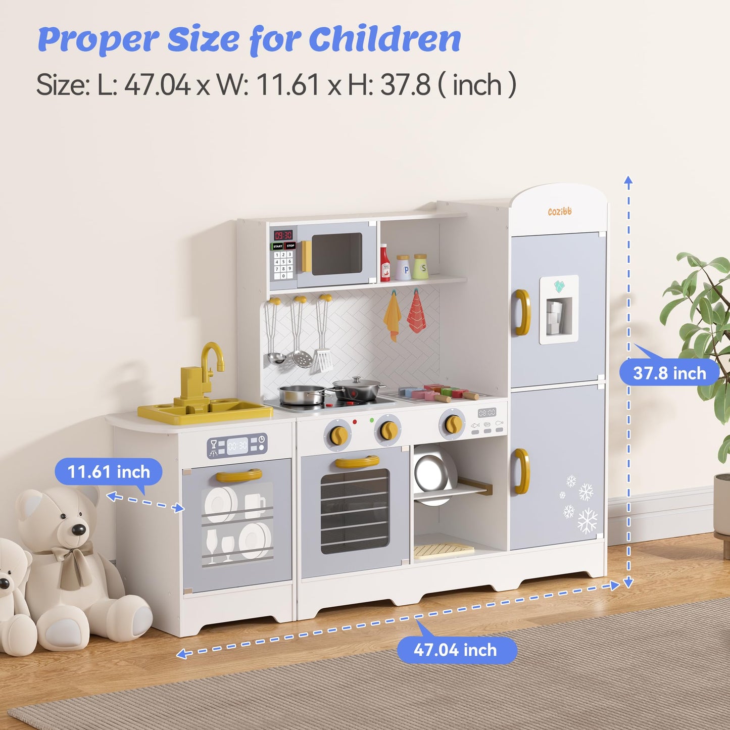 Play Kitchen for Kids, Wooden Play Kitchen with Toy Storage System, 21pcs Accessories Included, Oven Faucet, Microwave, Ice Maker, BBQ, with Lights & Sounds Kitchen Playset Gift for Ages 3+