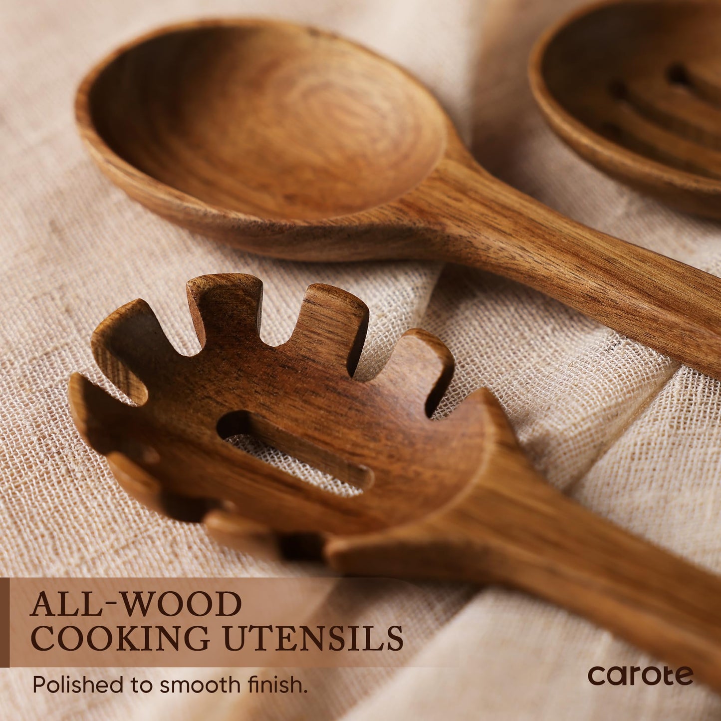 CAROTE Wooden kitchen Utensils Set, Acacia Wood 8pcs Cooking Utensil Set for Nonstick Cookware, Long-lasting Wooden Spoons for Cooking, Spatula, Turner