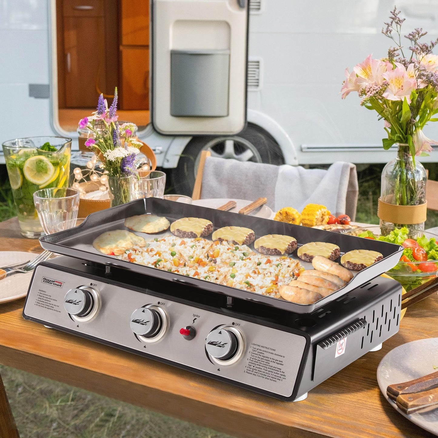 Royal Gourmet PD1301S Portable 24-Inch 3-Burner Table Top Gas Grill Griddle with Cover, 25,500 BTUs, Outdoor Cooking Camping or Tailgating, Black