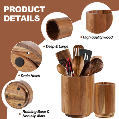 Wooden Utensil Holder for Kitchen Counter,360° Rotating Kitchen Utensil Holder,7.3"+5.7" Spatula Holder for Counter,Large Cooking Utensil Crock Natural Rustic Appearance for Home Decor,Set of 2