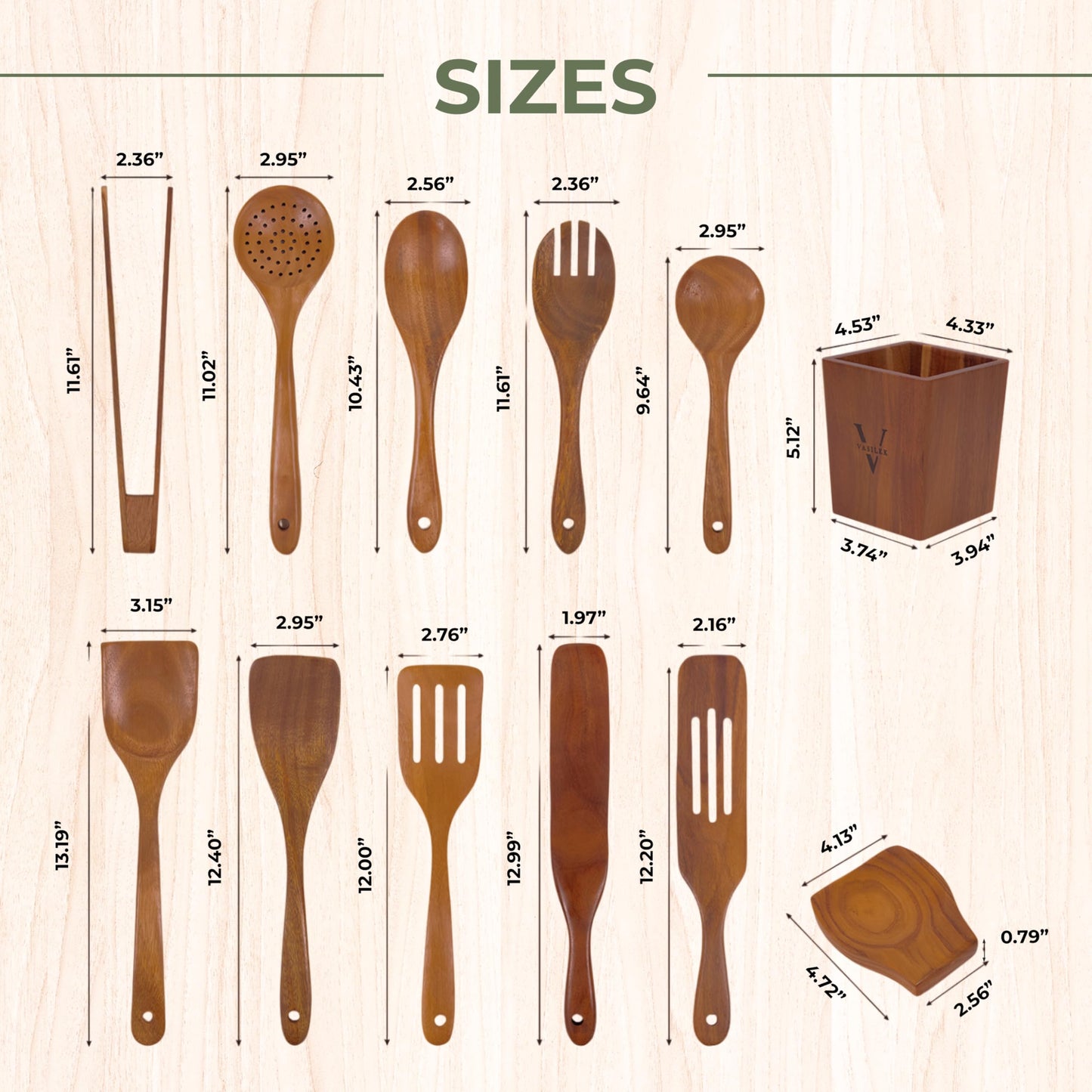 Vasilek Wooden Cooking Utensils Set – 12-Piece Acacia Wood Kitchen Utensil Set with Holder & Spoon Rest, Non Toxic Wooden Tools for Nonstick Cookware, Spatula, Ladle, Serving Spoon