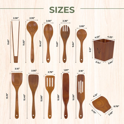 Vasilek Wooden Cooking Utensils Set – 12-Piece Acacia Wood Kitchen Utensil Set with Holder & Spoon Rest, Non Toxic Wooden Tools for Nonstick Cookware, Spatula, Ladle, Serving Spoon