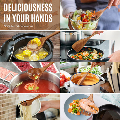 MULBOM 7 PCS Wooden Spoons for Cooking Natural Teak Kitchen Utensils Smooth Non-Stick Surface Cooking Utensils Set Soft Comfort-Grip Wooden Utensils for Cooking