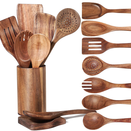 LOVEINUSA Wooden Spoons for Cooking, 9PCS Wooden Cooking Utensils Wooden Spatulas Set for Cooking Nonstick Pans Home Kitchen