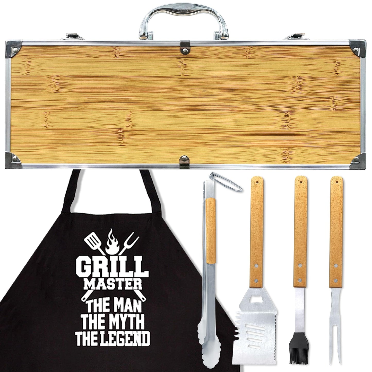 Grilling Accessories Anniversary Birthday Gifts for Dad/Husband, Heavy Duty Wooden BBQ Kit with Apron for Backyard, Thick Stainless Steel Grill Utensils with Non-Slip Handle Tools in Portable Bag