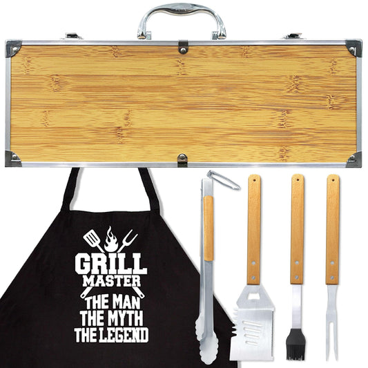 Grilling Accessories Anniversary Birthday Gifts for Dad/Husband, Heavy Duty Wooden BBQ Kit with Apron for Backyard, Thick Stainless Steel Grill Utensils with Non-Slip Handle Tools in Portable Bag