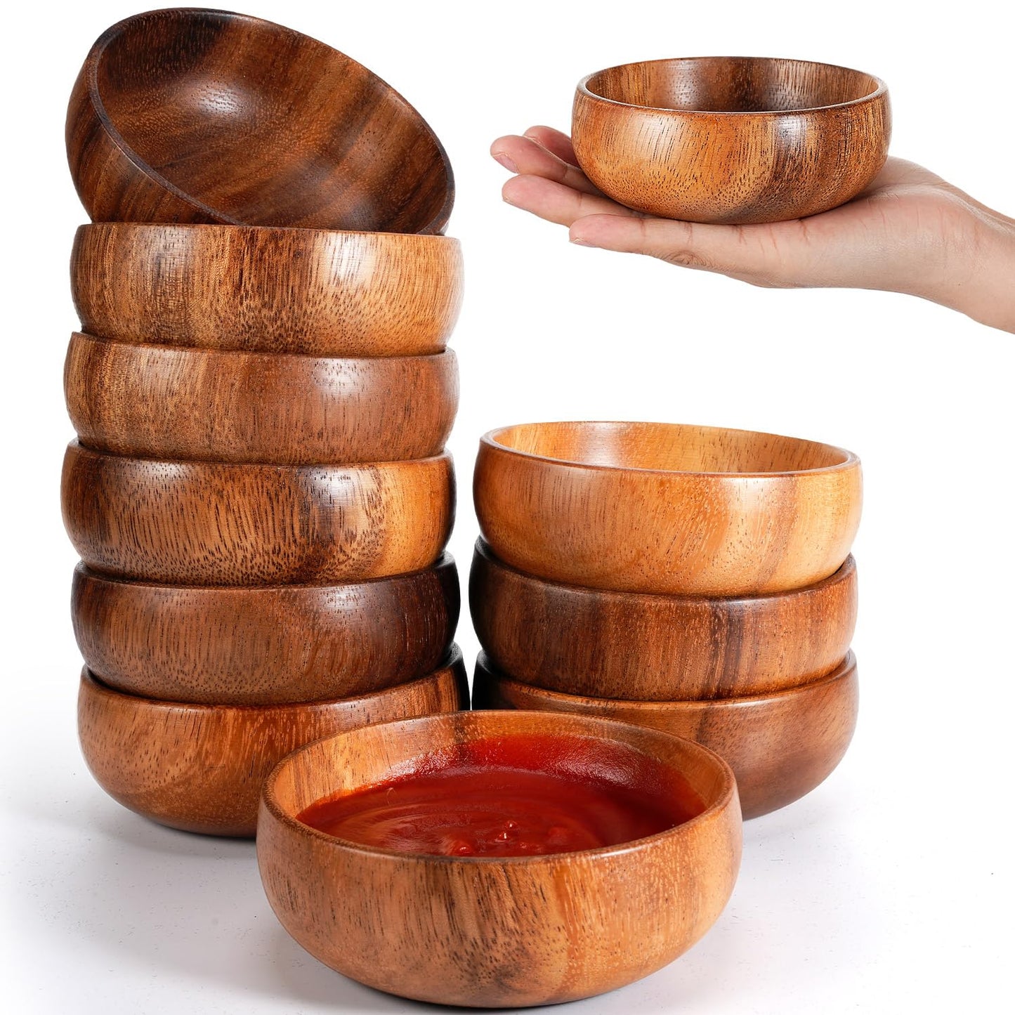 Skylety 10 Pcs Acacia Wooden Bowls Small Calabash Bowls Round Wood Salad Bowl Hand Carved Calabash Dip Tray for Serving Popcorn Pasta Candy Cereal Coconut Nuts Sauce Appetizers Kitchen (4 Inch)