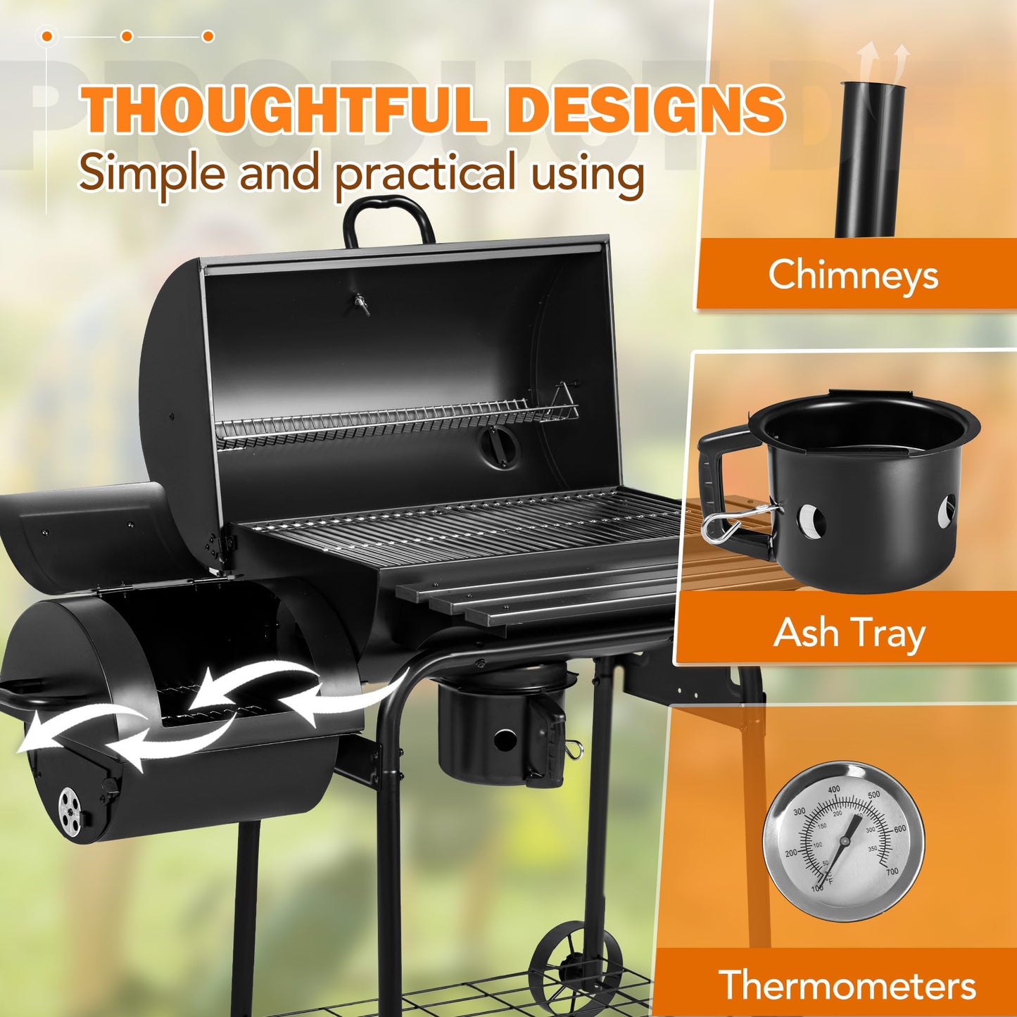 Flamaker Grill Outdoor Charcoal Grills with Side Oven & Thermometer Offset Smoker with Ash Catcher & Cover for Camping Picnics, BBQ, Hiking