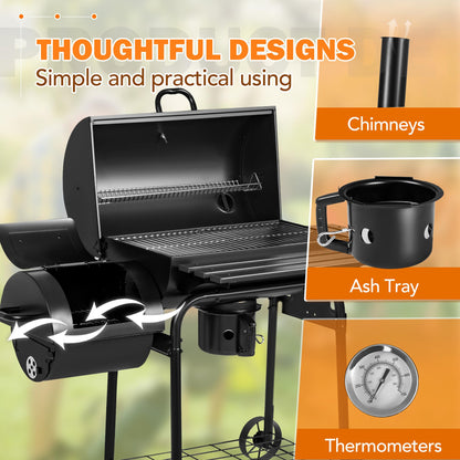 Flamaker Grill Outdoor Charcoal Grills with Side Oven & Thermometer Offset Smoker with Ash Catcher & Cover for Camping Picnics, BBQ, Hiking