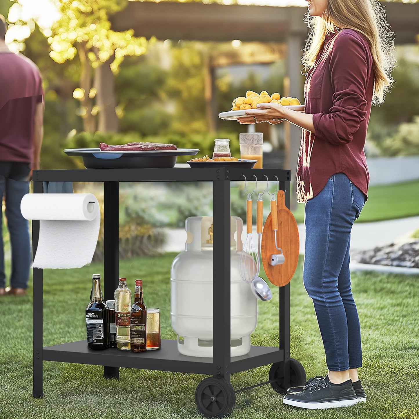 32x20IN Double-Shelves Grill Table, Outdoor Grill Cart for Blackstone Griddle, Movable Pizza Oven Table Cart for Outside Patio, Kitchen Cooking Food Prep Table for Party