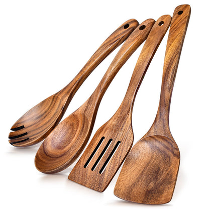 4Pcs Wooden Spoons for Cooking, Acacia Wood Kitchen Utensils Set for Nonstick Pans, Smooth Finish Cooking Utensils with Long Handle, Wooden Spatula for Cooking, Mixing, Baking