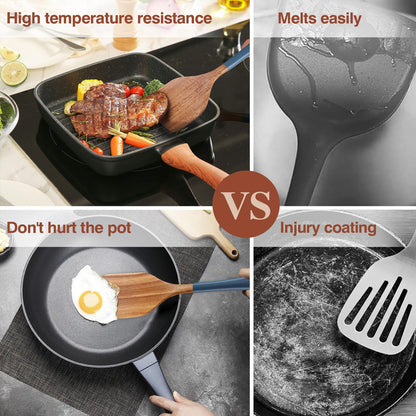 ROSOS Wooden Spoons For Cooking, 6 PCS Natural Acacia Wooden Cooking Utensils, Non-Stick Wood Kitchen Utensil Set for Kitchen Essentials, Smooth Grip Wood Cooking Spoons with Hanging Hole, Blue