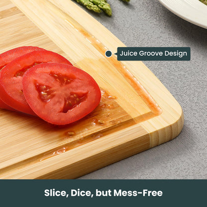Hiware Extra Large Bamboo Cutting Board with Holder, Durable Wood Cutting Board for Kitchen with Juice Grooves & Built-in Handles, Heavy Duty Chopping Board for Meat, Vegetables - Two Tone, Set of 3