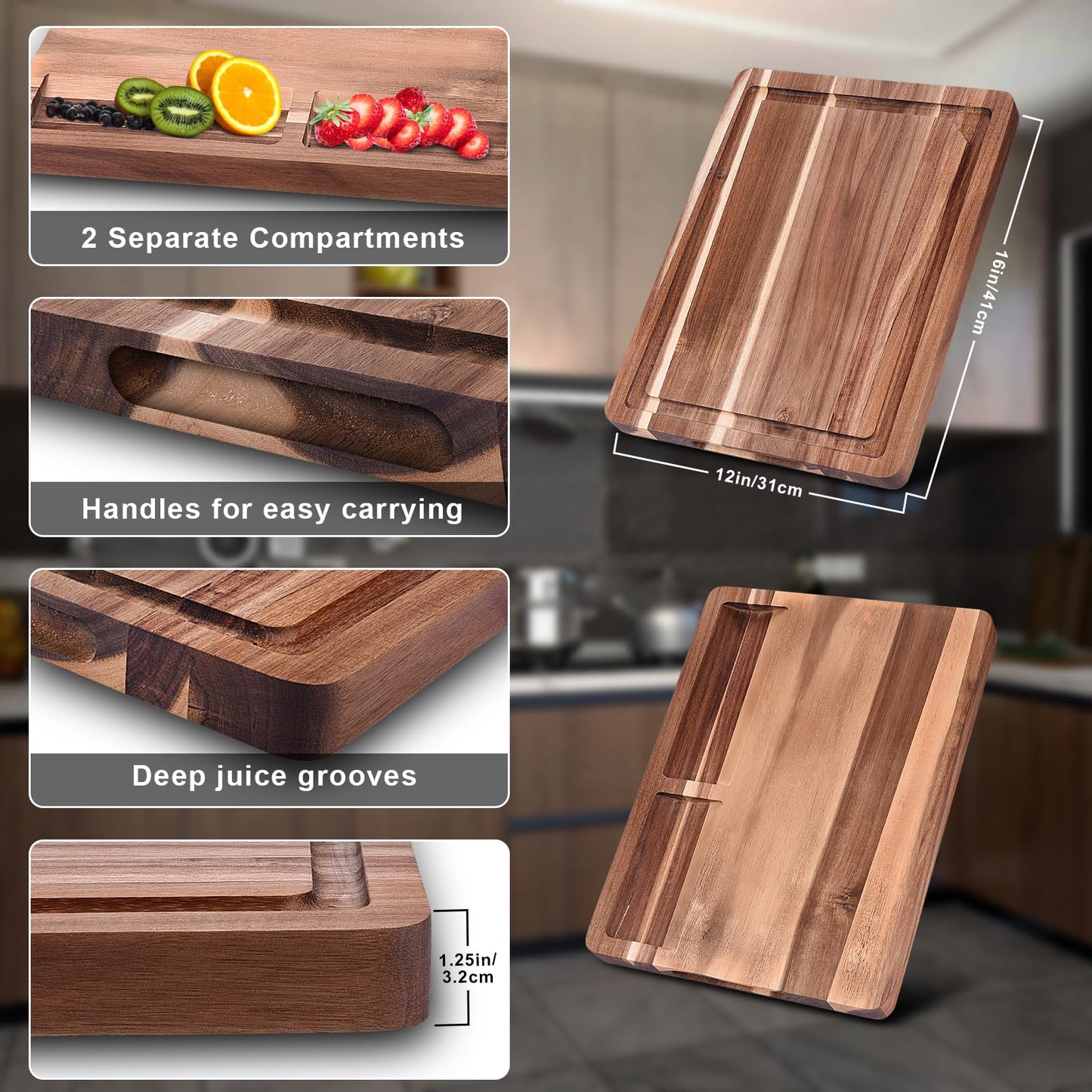Cutting Boards,16"L x 12"W Acacia Wooden Cutting Board for Kitchen,Wood Chopping Board with Juice Groove and Sorting Compartment,Pre-Oiled Carving Tray Charcuterie Board for Meat Cheese Fruit