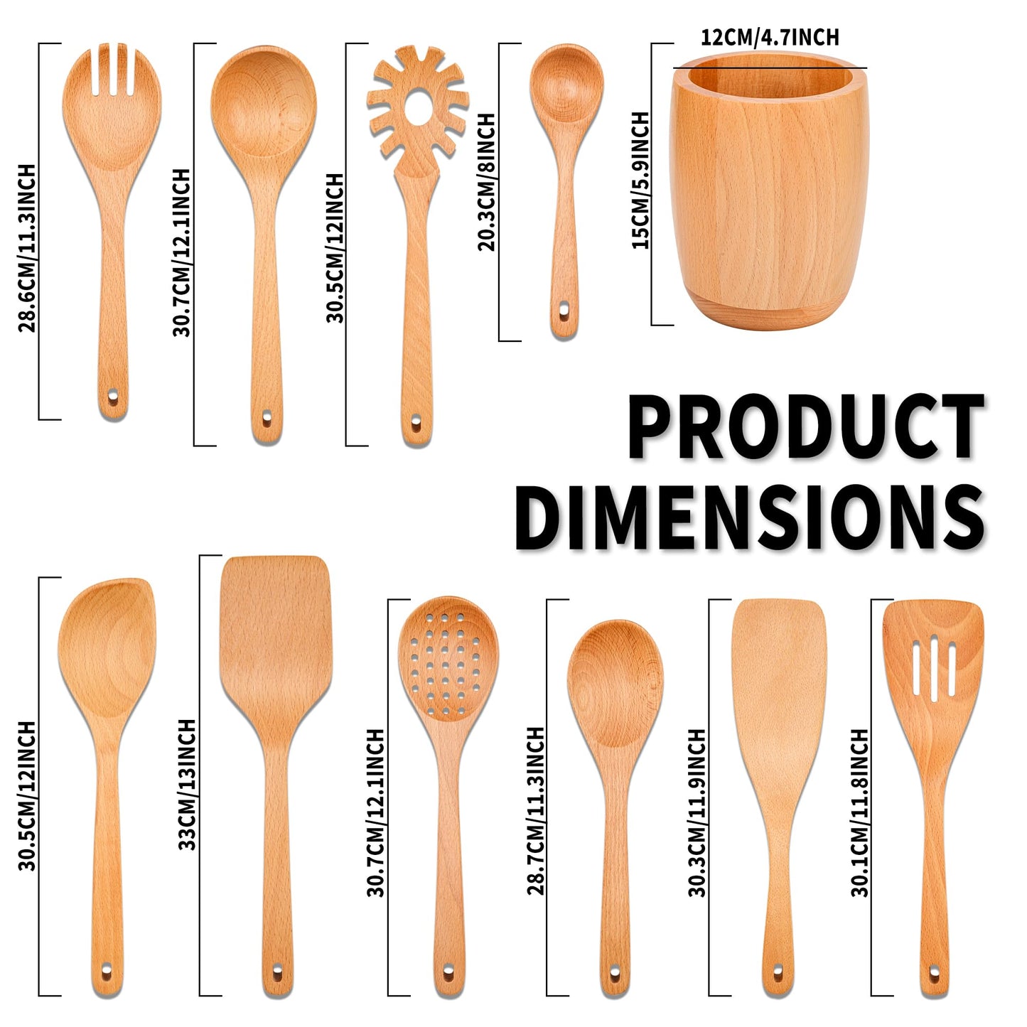 11 PCS WOSPONFAN Kitchen Utensils Set - Wooden Spoons for Cooking, Natural Beech Wood Wooden Utensils - Includes Wooden Spoons, Spatula Set, Slotted Spoon - Handmade Wooden Spoon Set