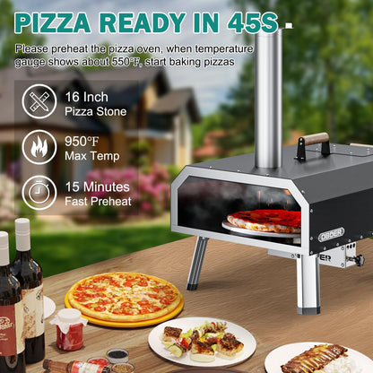 NAIZEA Pizza Oven Outdoor Indoor Use, 16" Multi-Fuel Pizza Maker Portable Wood Fired and Gas Pizza Oven Stainless Steel Pizza Grill with Gas Burner, Wood Tray Pizza Stone, Pizza Peel, Carry Bag