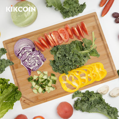 Bamboo Cutting Boards for Kitchen, Extra Large Wood Cutting Board with Deep Juice Groove and Handle Heavy Duty Chopping board, Kikcoin, 17.6" x 12"