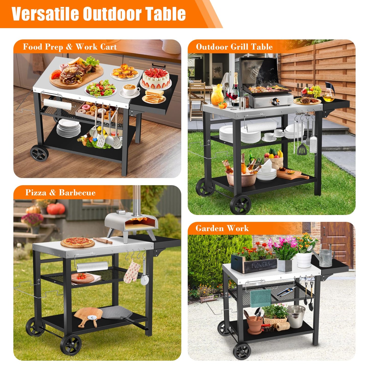 GRILL FORCE Grill Cart, Outdoor Grill Table, Pizza Oven Stand, Three-Shelf BBQ Table, Movable Dining Cart with Drawer, Fits for Ninja Woodfire Grill, Blackstone Griddle,Tabletop Grill